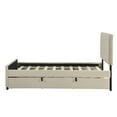 thumbnail image 5 of Twin Size Platform Bed with Pull-out Twin Size Trundle, Wood Bed Frame with Velvet Upholstered Headboard, Trundle Bed with Stripe Design, for Bedroom, Apartment, Beige, 5 of 9