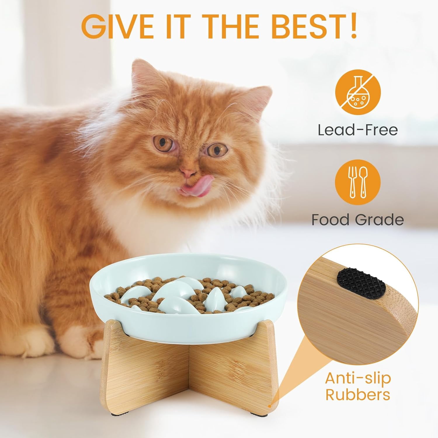 Slow Feeder Cat Bowl with Stand, Ceramic Slow Eating Cat Bowl with Higher Edges Fish Pool Design Elevated Cats Food Bowls for Dry and Wet Food Anti-Vomiting Puzzle Feeder for Healthy Eating Diet