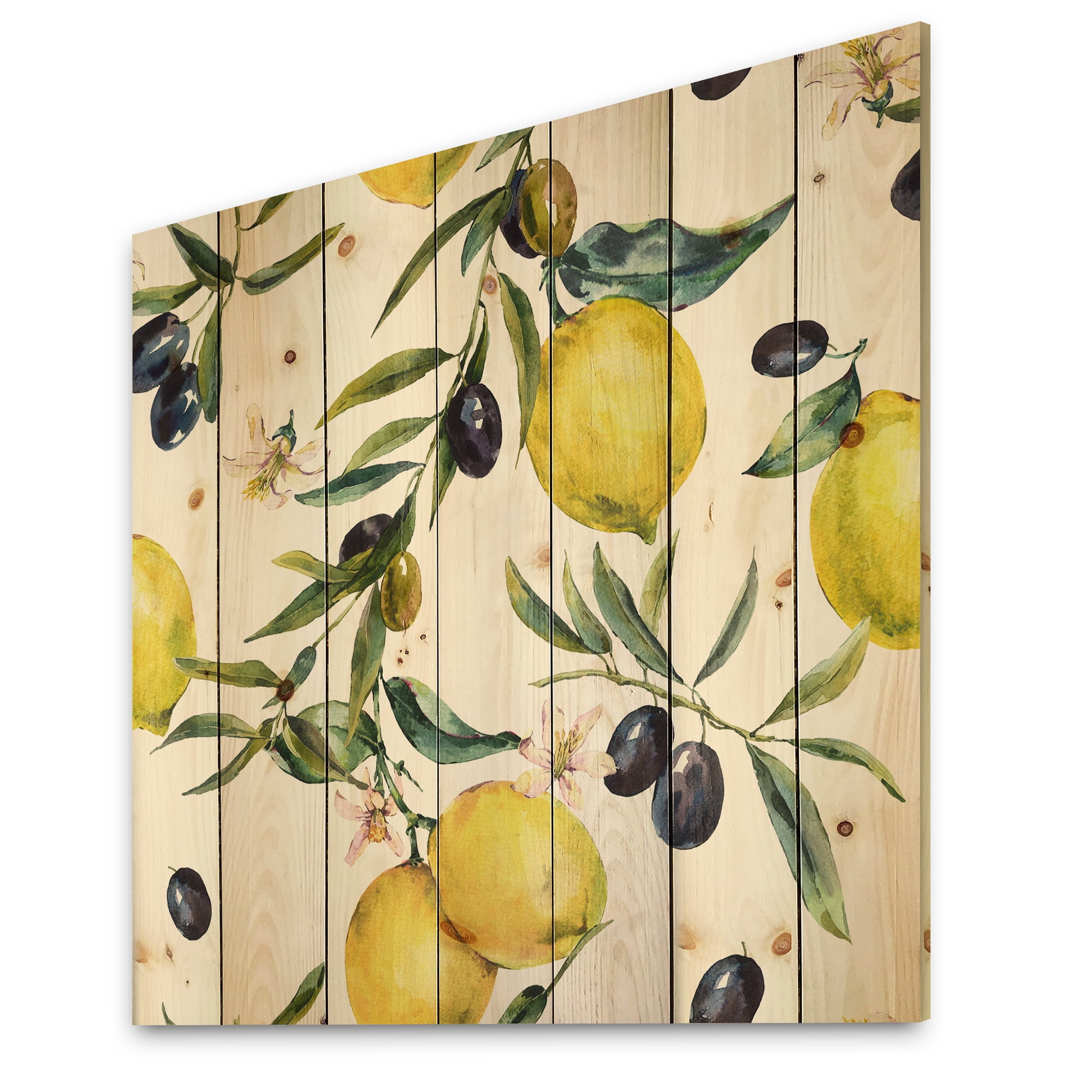Designart 'Olive and Lemon Branches II' Tropical Print on Natural Pine Wood