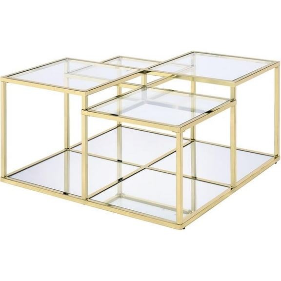 Pemberly Row Glass Top Coffee Table with Metal Frame in Clear Glass and Gold