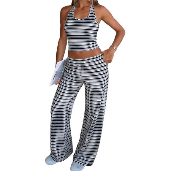 Jaimenalin Two Piece Striped Sets for Women Travel Outfits Y2K Going Out Vacation Clothes Gray XL