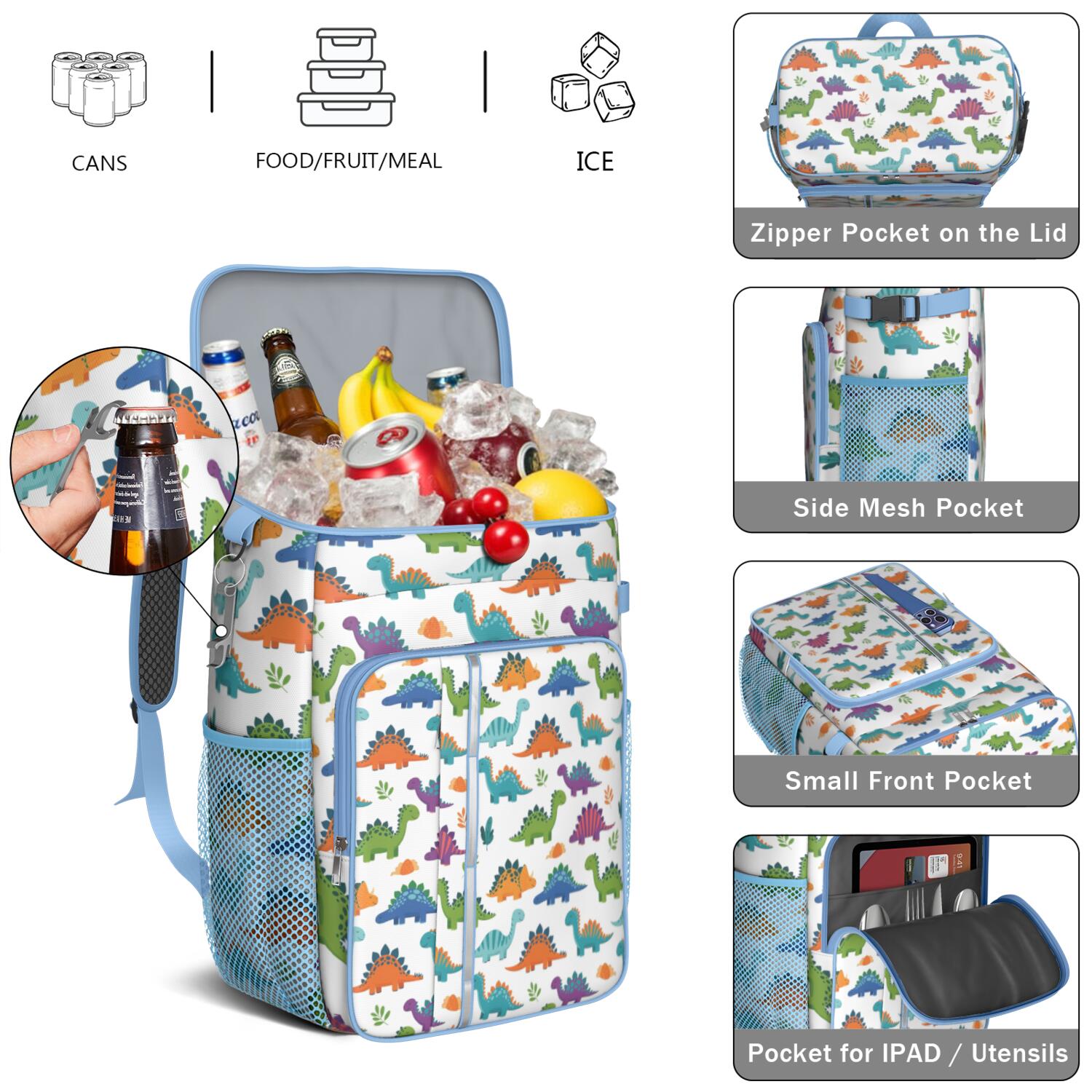 Travel Cooler Bag - White Cartoon Dinosaurs Leaves Pattern Camping Beer Cooler Backpack with Bottle Opener- Waterproof Insulated Picnic Backpacks - Cooler Bag for Beach