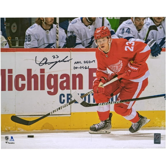 Lucas Raymond Detroit Red Wings Autographed 16" x 20" NHL Debut Skating Photograph with "NHL Debut 10/14/21" Inscription - Fanatics Authentic Certified