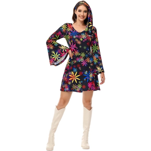 Grebrafan Disco Dresses Women 70s Sparkly Hippie L Black Flower