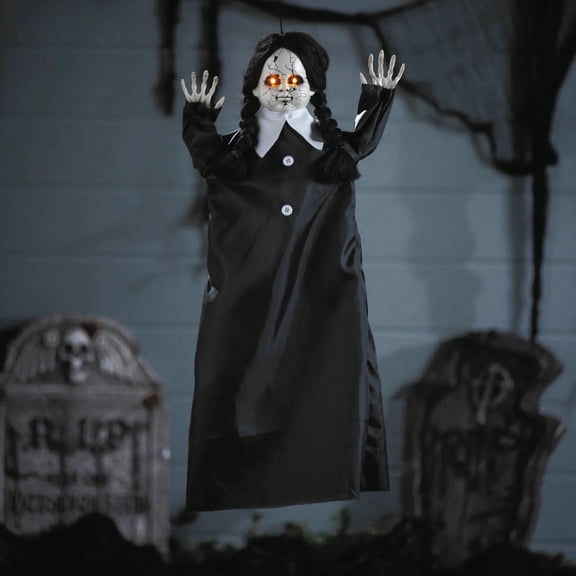 27 1/2" Animated Hanging Cracked Face Doll with Black Dress Halloween Decoration