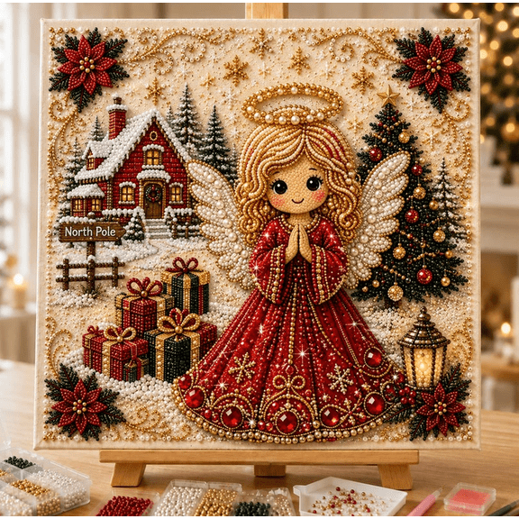 DIY Christmas Pearl Diamond Painting Art Kit with Frame, Christmas Pearl Beads Art Craft for Adults & Beginners, Gemstone Diamond Dots Beads Painting for Home Wall Decor E