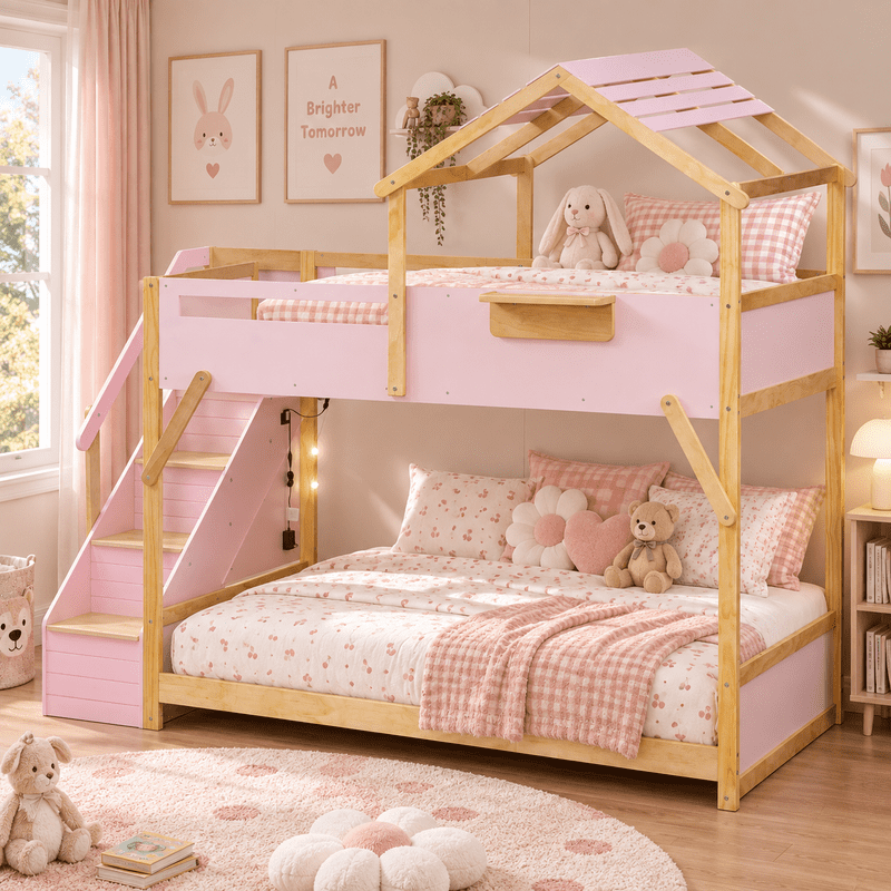 Twin Over Twin House Bunk Bed with Stairs, 3-Color LED Lights and Storage Shelf, Wooden Bunk Bed Frame with Guardrails and Roof Frame for Kids Bedroom
