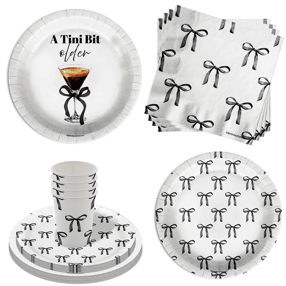Tiny Bit Older Black Bows 21st Birthday Party Supplies - 64 Piece Twenty-First Birthday Tableware Set Includes Large 9" Dinner Plates and 8" Dessert Paper Plates Napkins Cups - Kit for 16