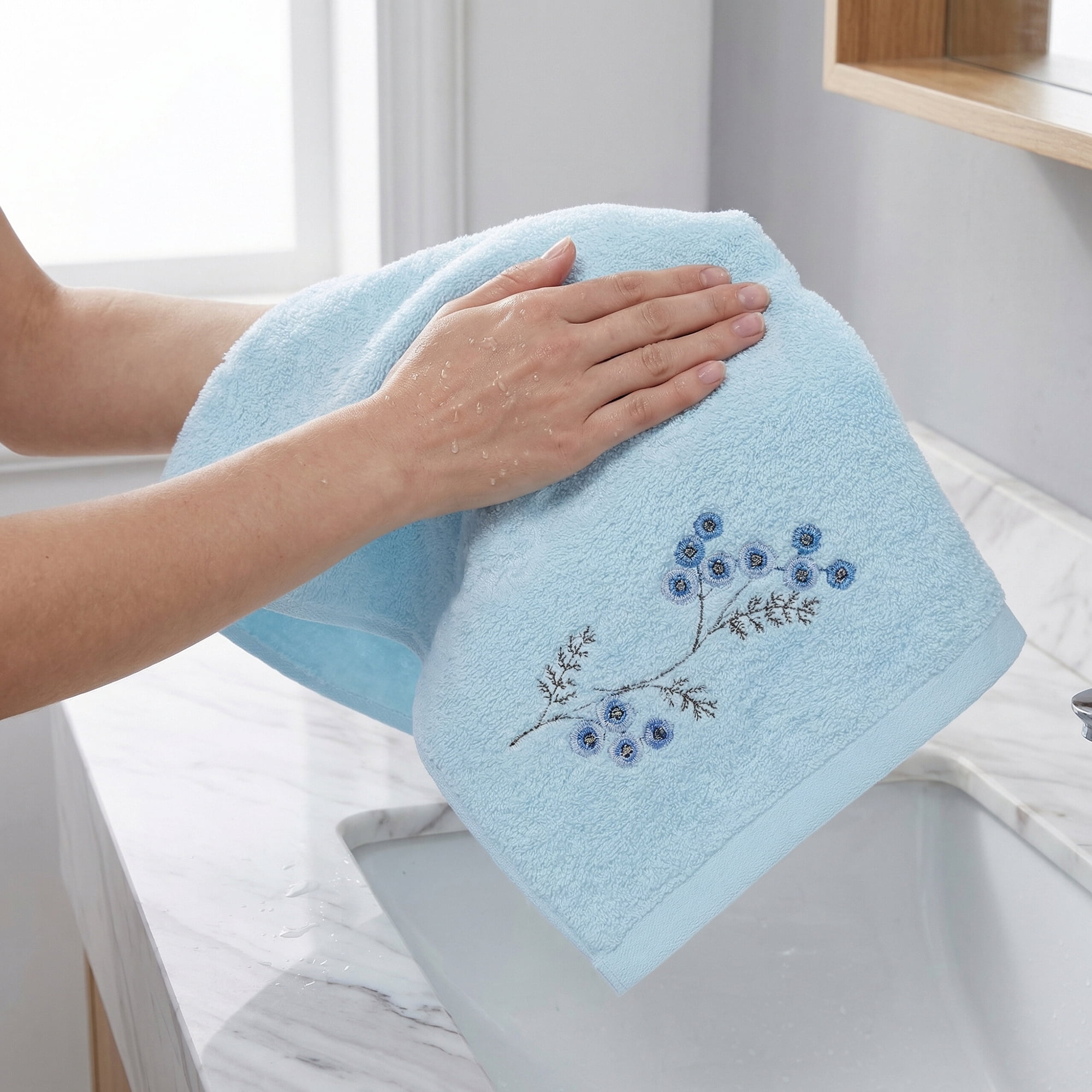 Unique Bargains Soft Absorbent Floral Cotton Hand Towels Blue 29" x 13"