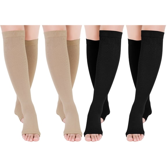 Hengguang 4 Pairs L/XL Size Open Toe Compression Socks, 20-30mmHg Knee High Stockings for Running, Work, Pregnancy – Varicose Veins & Circulation Support (Black/Beige)