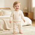thumbnail image 2 of TOWED22 Toddler Baby Boy Fall Outfit Long Sleeve Crew Neck Contrast Color Sweatshirt Top Pant Cute Newborn Infant Waffle Clothes Size:80,Color:Khaki, 2 of 8