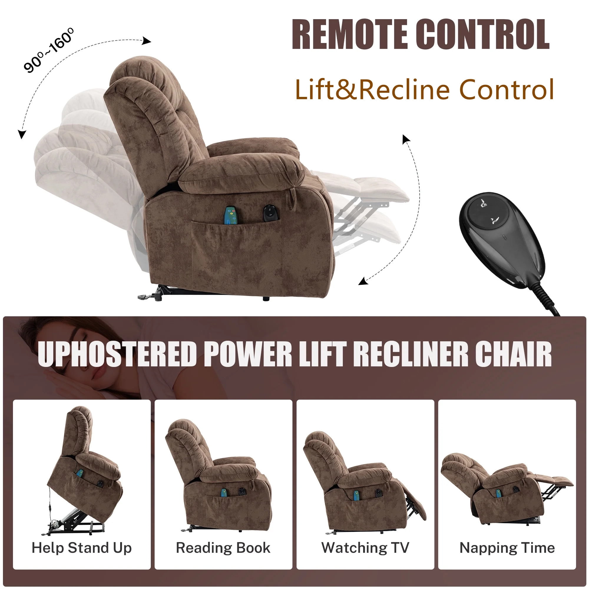 Aukfa Power Lift Recliner with Massage&Heat for Elderly, 23" Deep Seat Armchair, Infinite Position, Brown