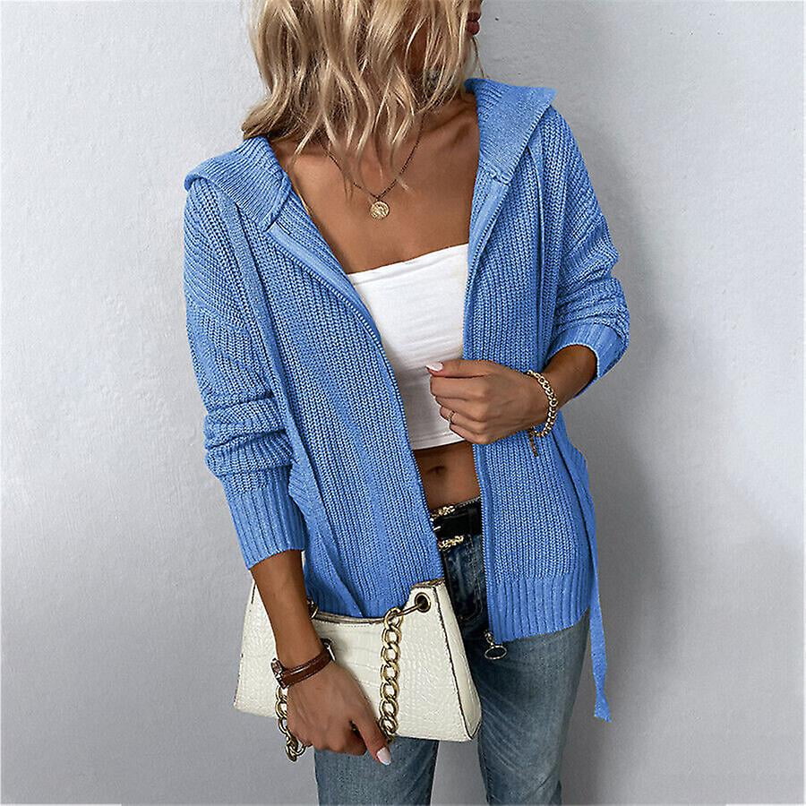 Blue Womens Hooded Knit Sweaters Zipper Coats Cardigan Tops