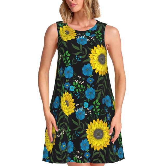 Balery Sunflowers And Blue Flower Vestidos de verano para mujer con estampado: vestido holgado sin mangas, vestido playero informal y cómodo para días calurosos.