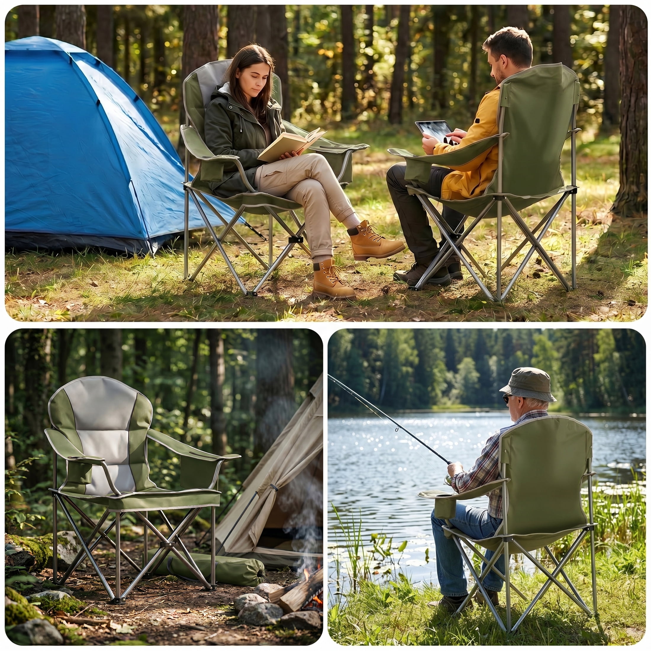 EDX Heavy Duty Camping Chair 500 lb Capacity, Oversized Extra Wide for Adults, Padded High Back Folding Lawn Chair, 500 lbs Steel Frame, Portable Outdoor Camping Chair with Cup Holder, Green
