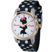Minnie Mouse Women's Two-Tone Alloy Watch, Double-Sided Black Polka Dot and Solid Black Nylon Strap