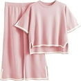 thumbnail image 2 of fatyb Womens Sweater Set Two Piece Outfit Summer Knit Short Sleeve Tops & Wide Leg Pants Lounge Sets, 2 of 5
