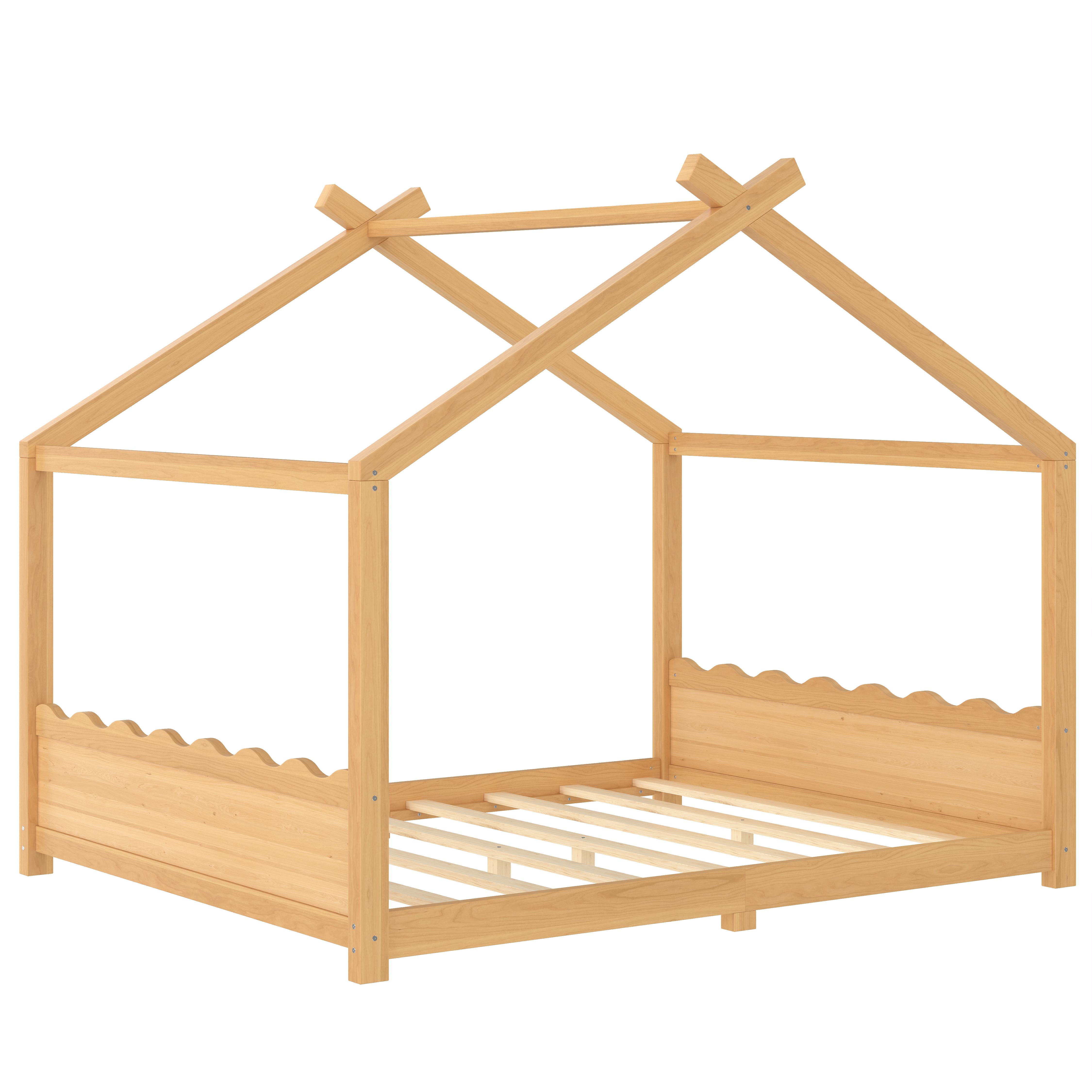 Yoneston Queen House Floor Bed with Roof, Solid Wood Platform Bed Frame with Opening Constructure for Kids, No Box Spring Needed, Natural