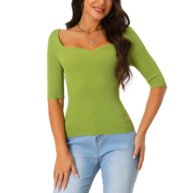 Camiseta de manga corta para mujer INSPIRE CHIC, de punto acanalado, ajuste ceñido, cuello cuadrado, suéter sólido, blusa, tops M verde