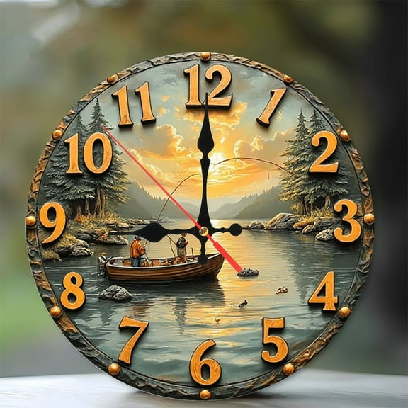 Sunset Fishing Lake Scene Wall Clock 10-Inch Silent Wooden Wall Clock, Battery Operated (AA Batteries Not Included), Artistic Home Decor