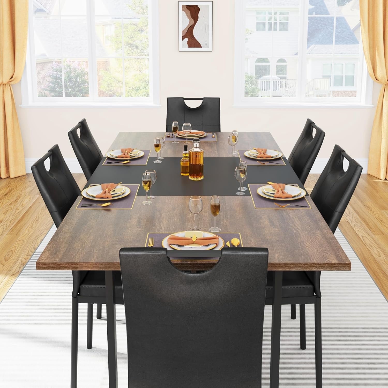 ChVans 7 Pcs Dining Table Set for 4-6 People with Chairs,70" Kitchen Dinner Table W/Waterpoof Wooden Tabletop,6 PCS Upholstered PU Chairs,Rectangular Wood Tables W/Adjustable Leg for Home Dining Room