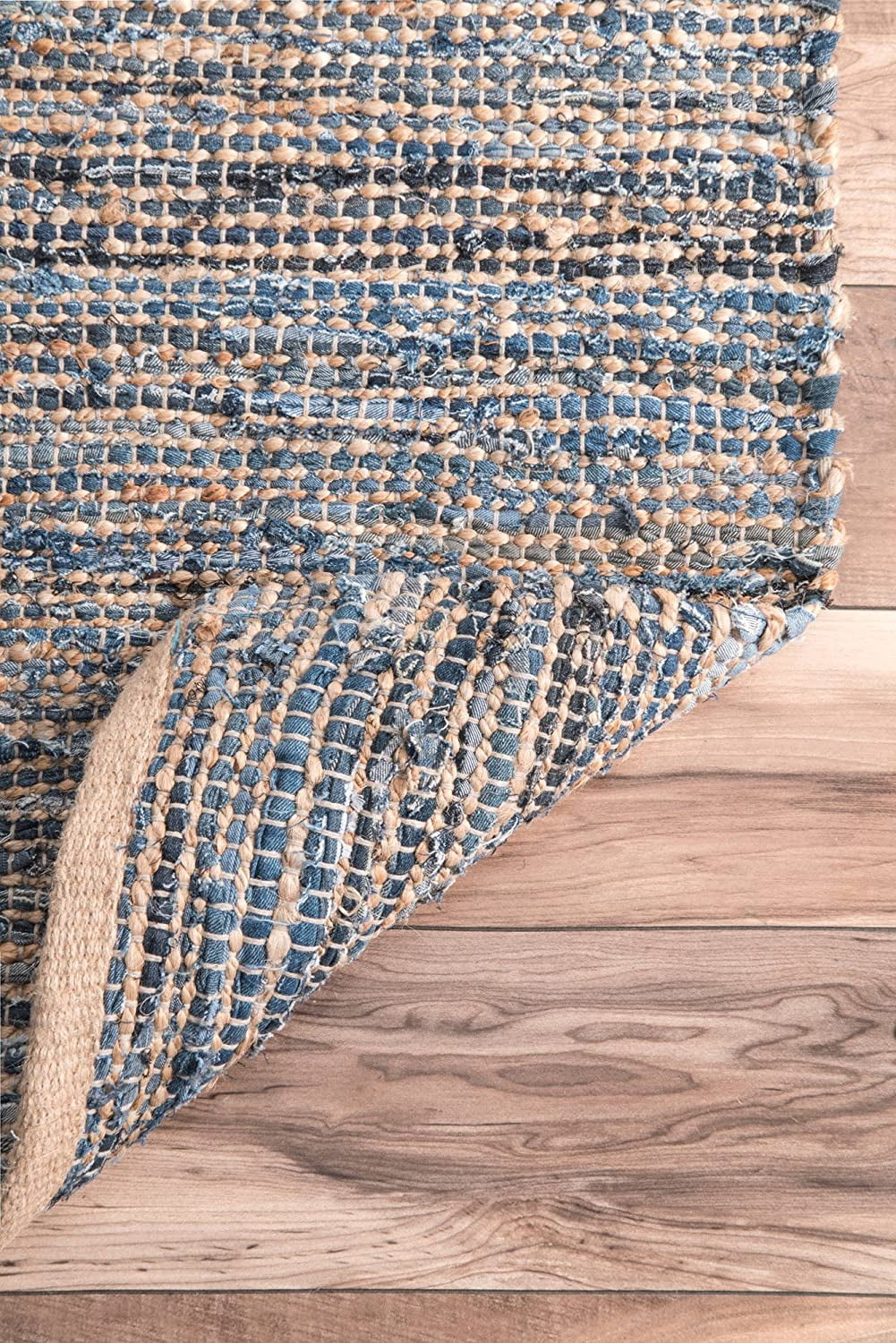 Indian Handmade Braided Blue Color Cotton , Denim with Natural Jute Area Rugs , Floor Decor Carpet Size 4 x 7 Feet ( 120 cm x 210 cm )