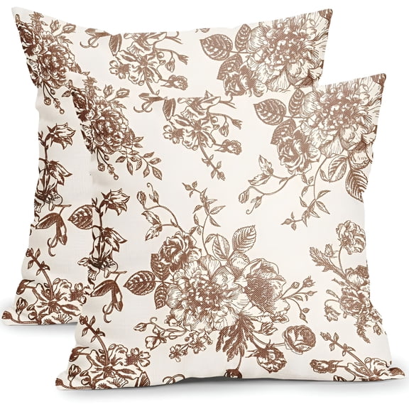 ARLAJO 2026 New Vintage Floral Pillow Covers 16X16" Set of 2 Dark Brown and Cream Floral Throw Pillow Covers Flower Pillowcases Rustic Farmhouse Cotton Linen Cushion Covers for Couch Bed Sofa Decor