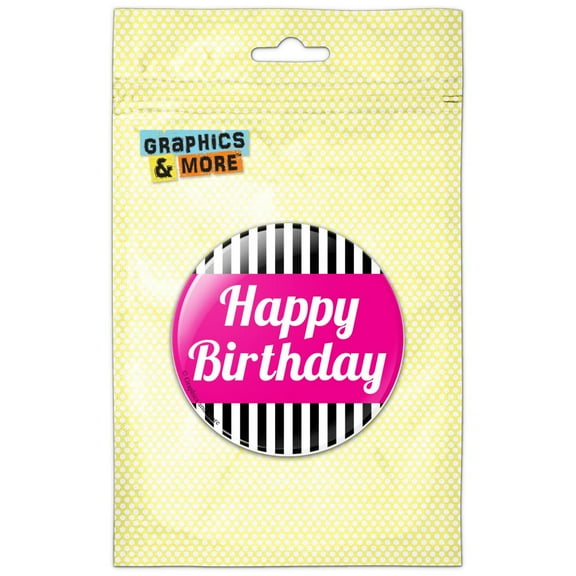 Happy Birthday Pink with Stripes Pinback Button Pin Badge