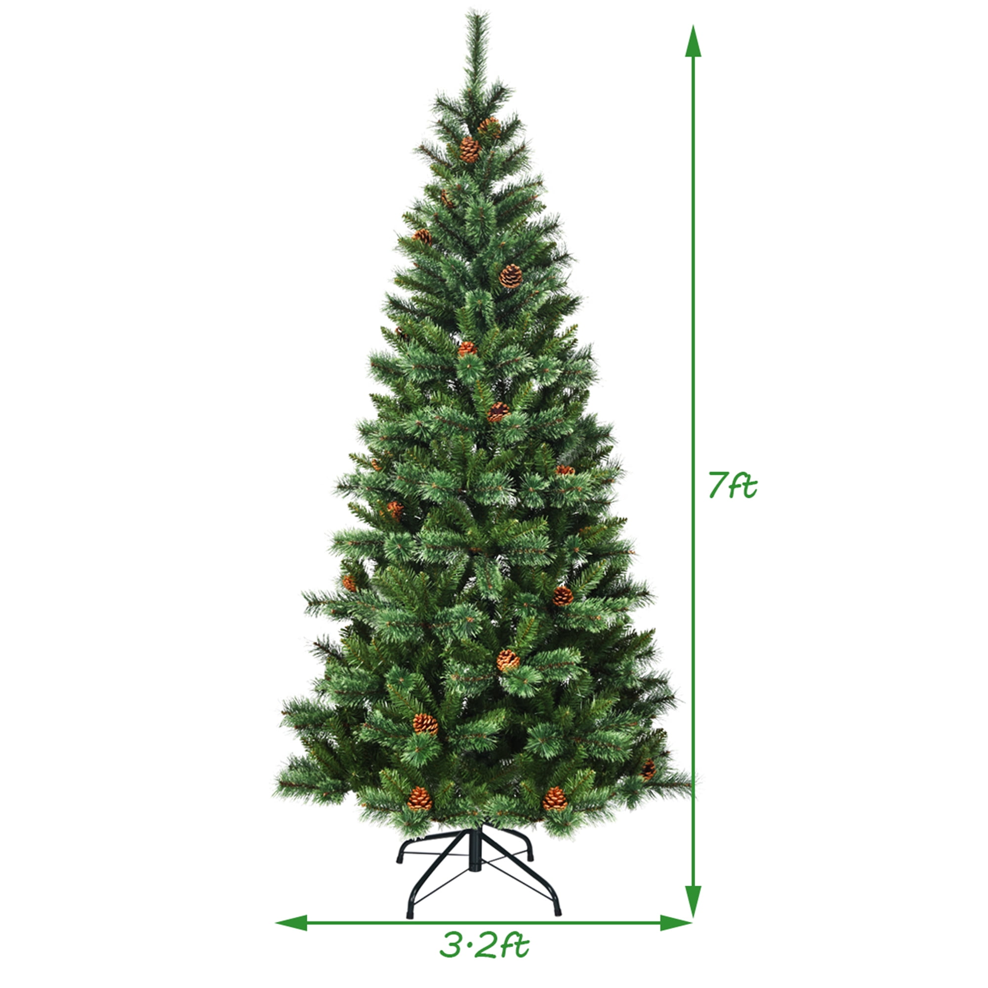 Gymax 7Ft Christmas Tree Artificial Hinged Tree w/ Pine Cones Metal Stand
