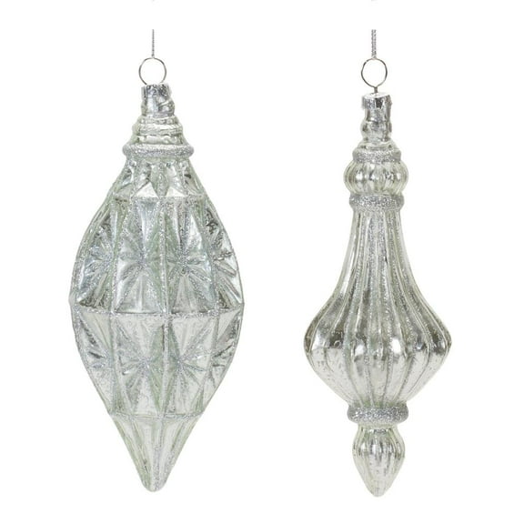 Melrose Shiny Finish Glittered Glass Christmas Drop Ornaments - 7" (180mm) - Silver - 12ct