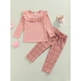 thumbnail image 2 of Qiylii Baby Girl Clothes Set O-Neck Ruffle Tops Plaid High Waist Bow Pants, 2 of 9