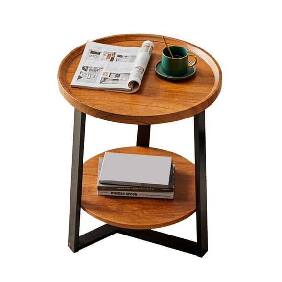 Round End Table, 19.69 IN Wood Tabletop & Black Metal Frame, 2-Tier Side Table for Living Room, Bedroom, Walnut
