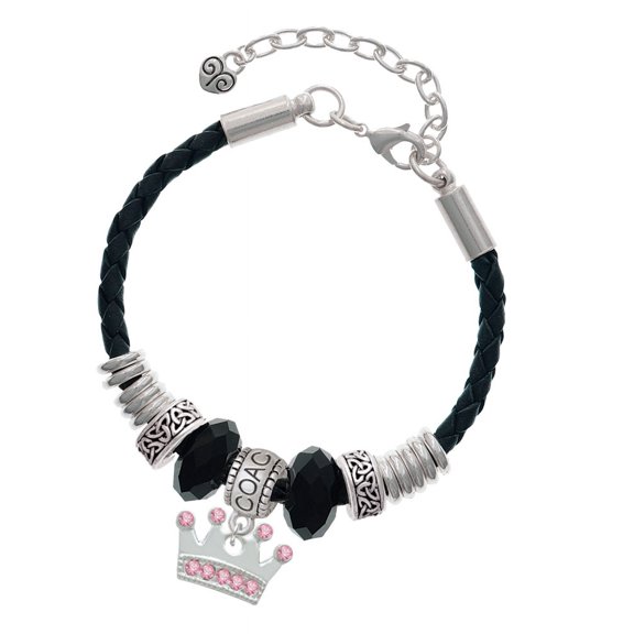 Delight Jewelry Silvertone Crown with Light Pink Crystals Coach Celtic Knot Leather Bead Bracelet, 7" 2" Extender