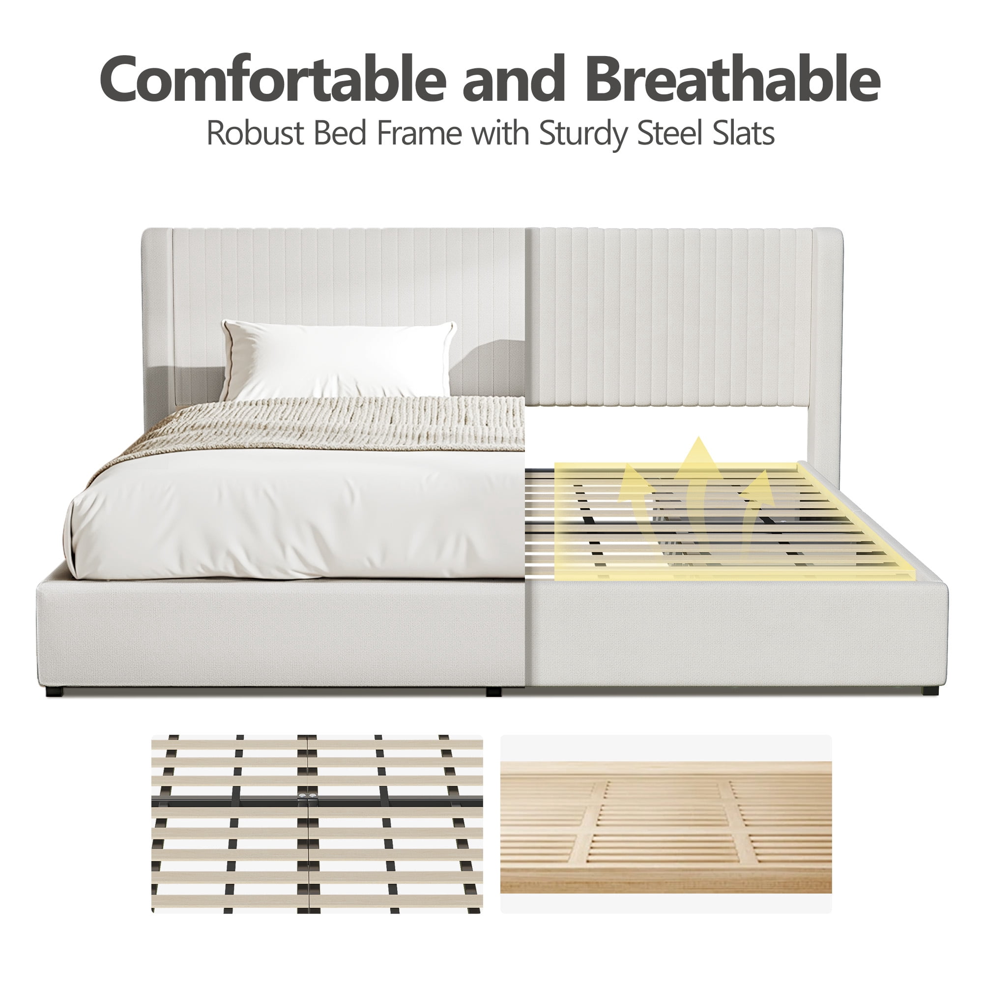 COOLHUT Upholstered Queen Size Platform Bed Frame with 4 Storage Drawers and Headboard, Wing Edge Design/Noise-Free/Wooden Slats Support/No Box Spring Needed/Easy Assembly, White