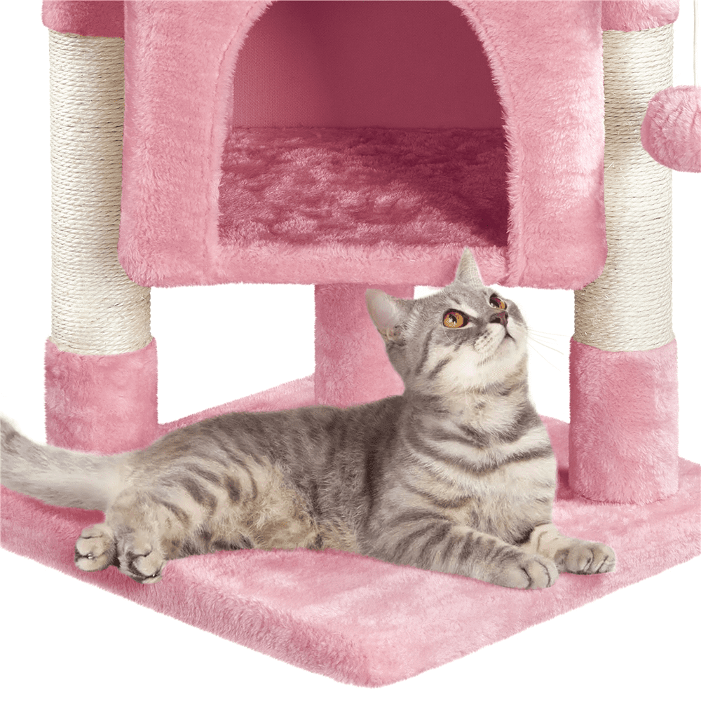 Alden Design 23.5″H 2-Level Cat Tree Condo Wide Perch Scratch Posts Indoor, Pink