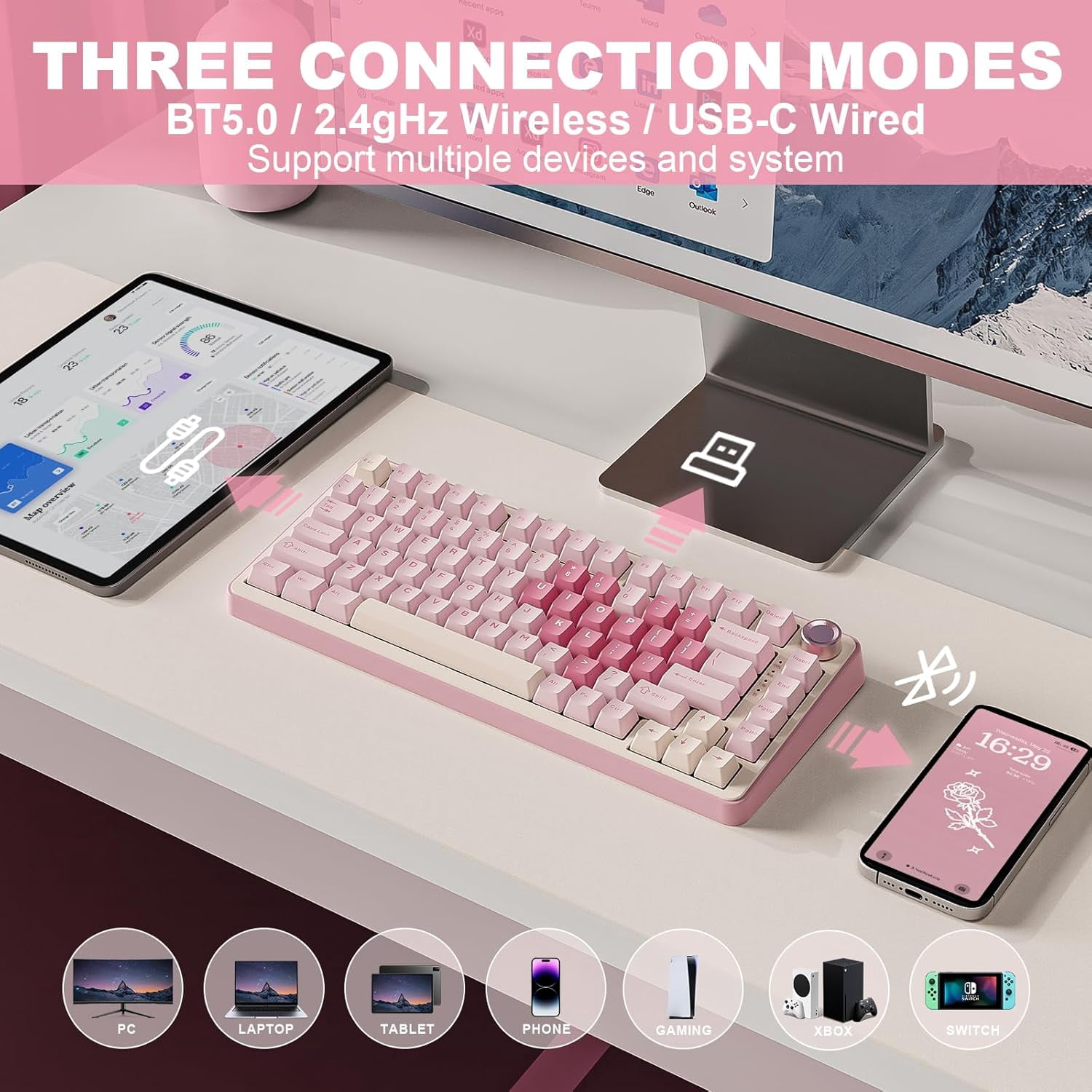Custom 75% Layout Wireless Mechanical Keyboard with Knob, Hot-Swap Gasket Mount, RGB Backlit, Bluetooth Type-C 2.4G for Win Mac, Pre-Lubed Switches