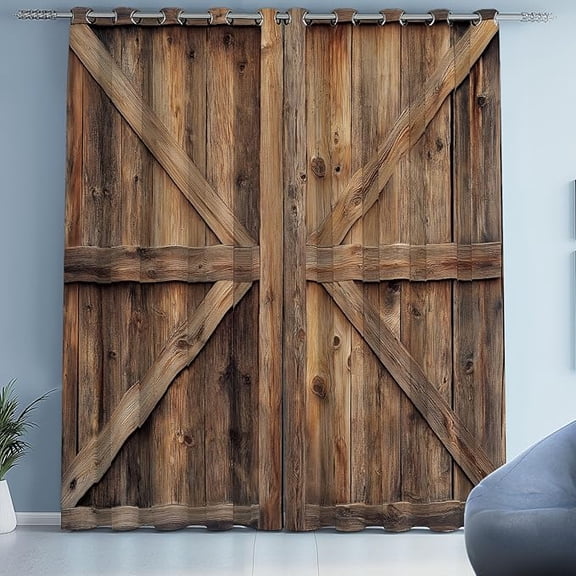 Barn Door Curtain For Living Room, Farmhouse Retro Rustic Blackout Curtain Grommet Thermal Insulated Noise Reduction, Wood Plank Hardwood Drapes For Bedroom 26"W x 45"L (Pack of 2)