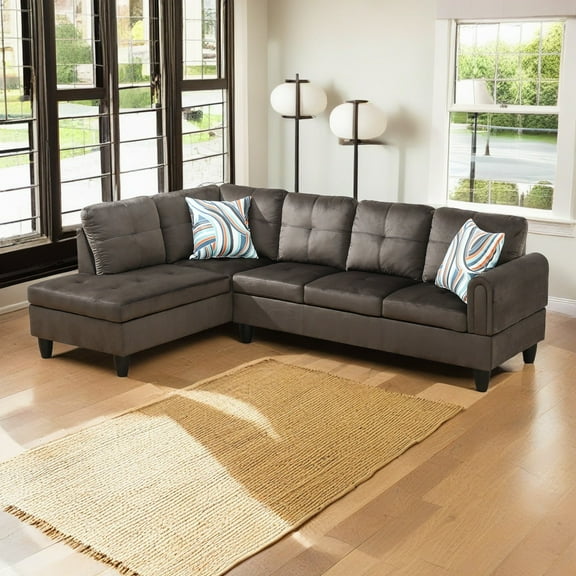 Hommoo Flannel Living Room Furniture Set, L Shaped Couch Sectional Sofa, 4-Seat Couches and Sofa for Home, Apartment, Dorm, Dark Brown(No Ottoman)