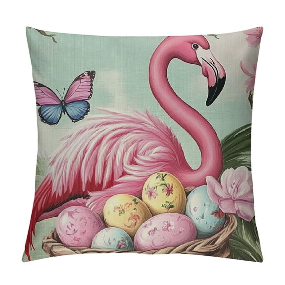 PRATYUS Happy Easter Flamingo Decorative Throw Pillow Covers, Pink Easter Egg Porch Patio Outdoor Pillowcase, Spring Be Hoppy Sofa Couch Cushion Case Home Decor 12x12in