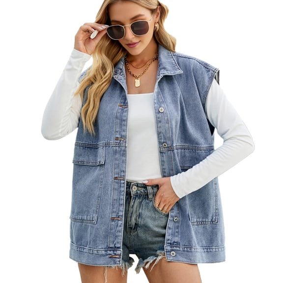 Women'S Vintage Denim Jean Vest Oversized Button Down Jean Waistcoat Gilet Blue L