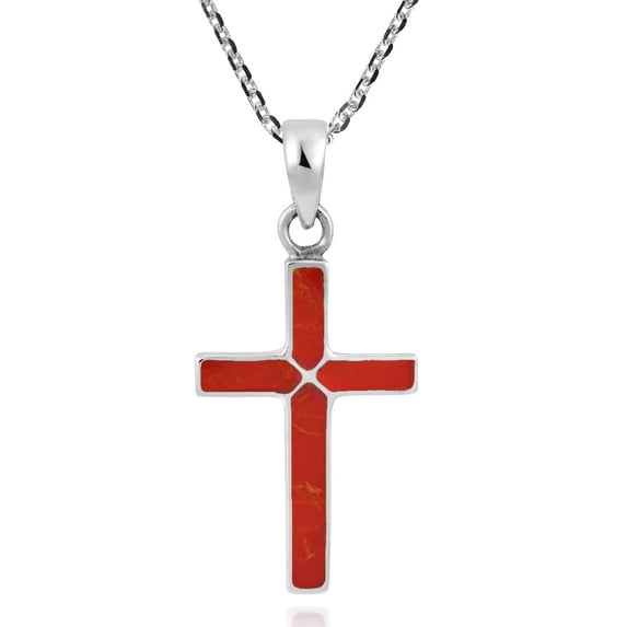 AeraVida Unisex Christian Cross of Faith Inlaid Red Coral Sterling Silver Necklace Anniversary Jewelry Gift