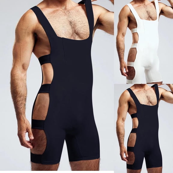 Miluxas Mens Spaghetti Strap Jumpsuits Shapewear Body Shaper Pajamas PJ Unitard for Man Shapewear White