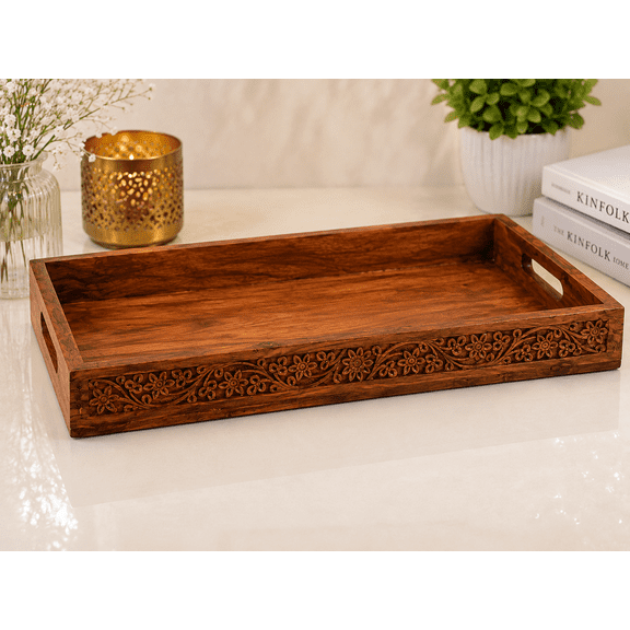 Handcrafted Wooden Serving Tray with Carved Floral Design, Rectangular Wood Tray with Handles for Tea Coffee Snacks Breakfast, Coffee Table Ottoman & Home Decor