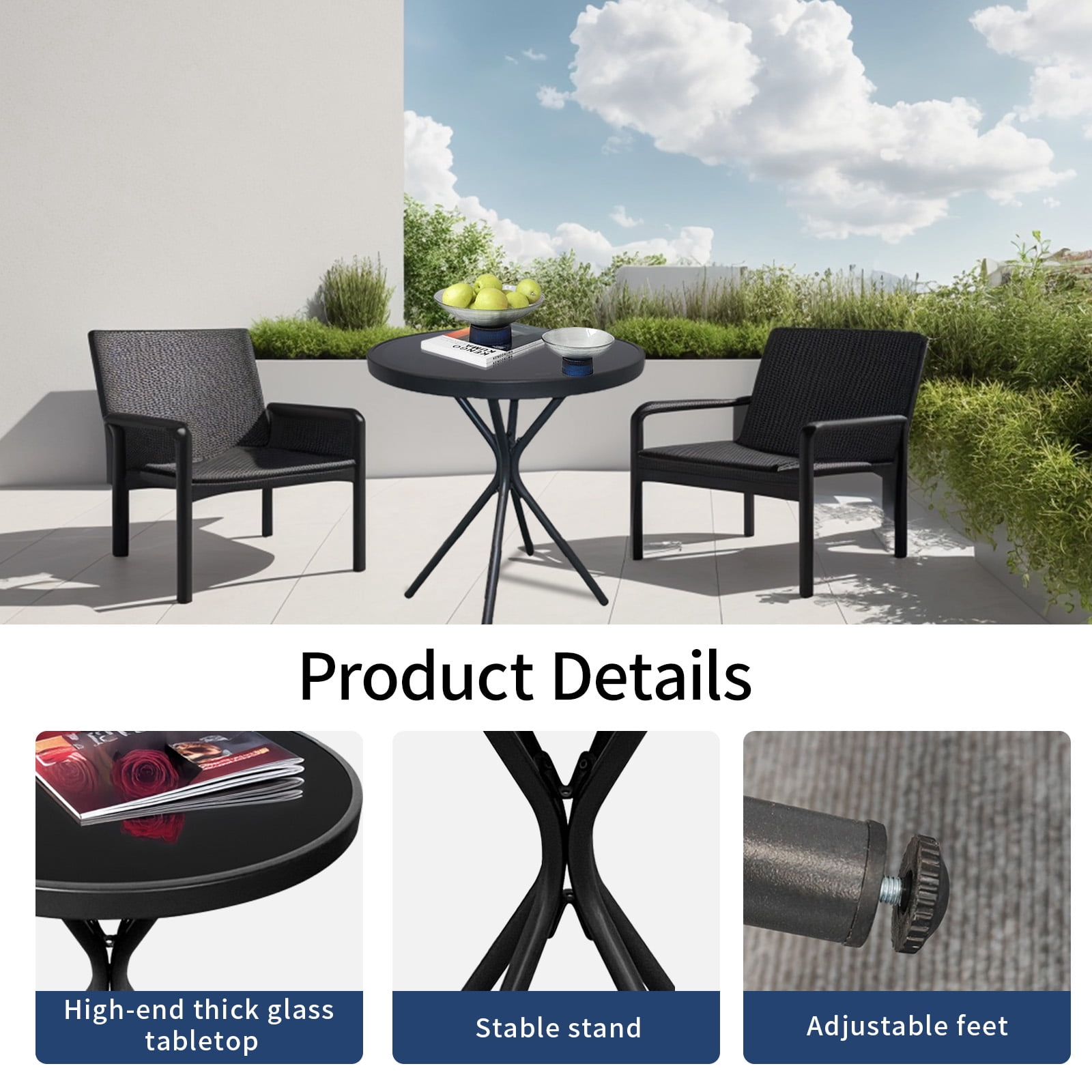 AstrPthylx 23" Outdoor Round Coffee Side Table - Tempered Glass Top, Metal Bistro & End Table for Patio, Balcony, Home