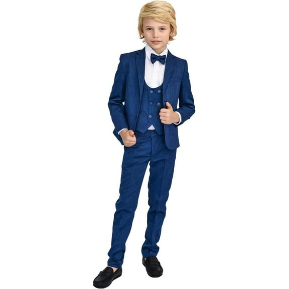 Boys Suit Set, Formal Jacket, Vest, Pants, Shirt and Matching Bowtie 5 Piece