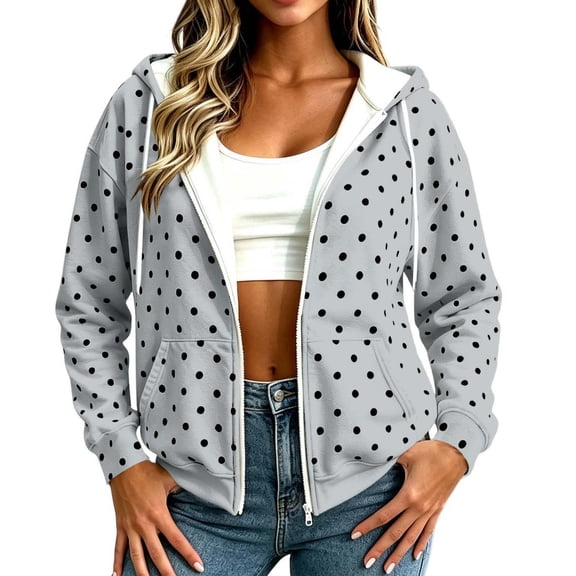 Women's Polka Dot Zip Up Hoodie with Drawstring Hood and Pockets, Travel Casual Long Sleeve Fleece Sweatshirt Jacket, L
