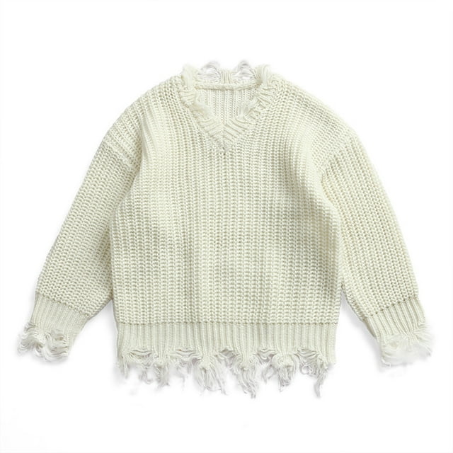 ITFABS Solid Color Sweater, Baby Girls Distressed Long Sleeve V-neck Pullover