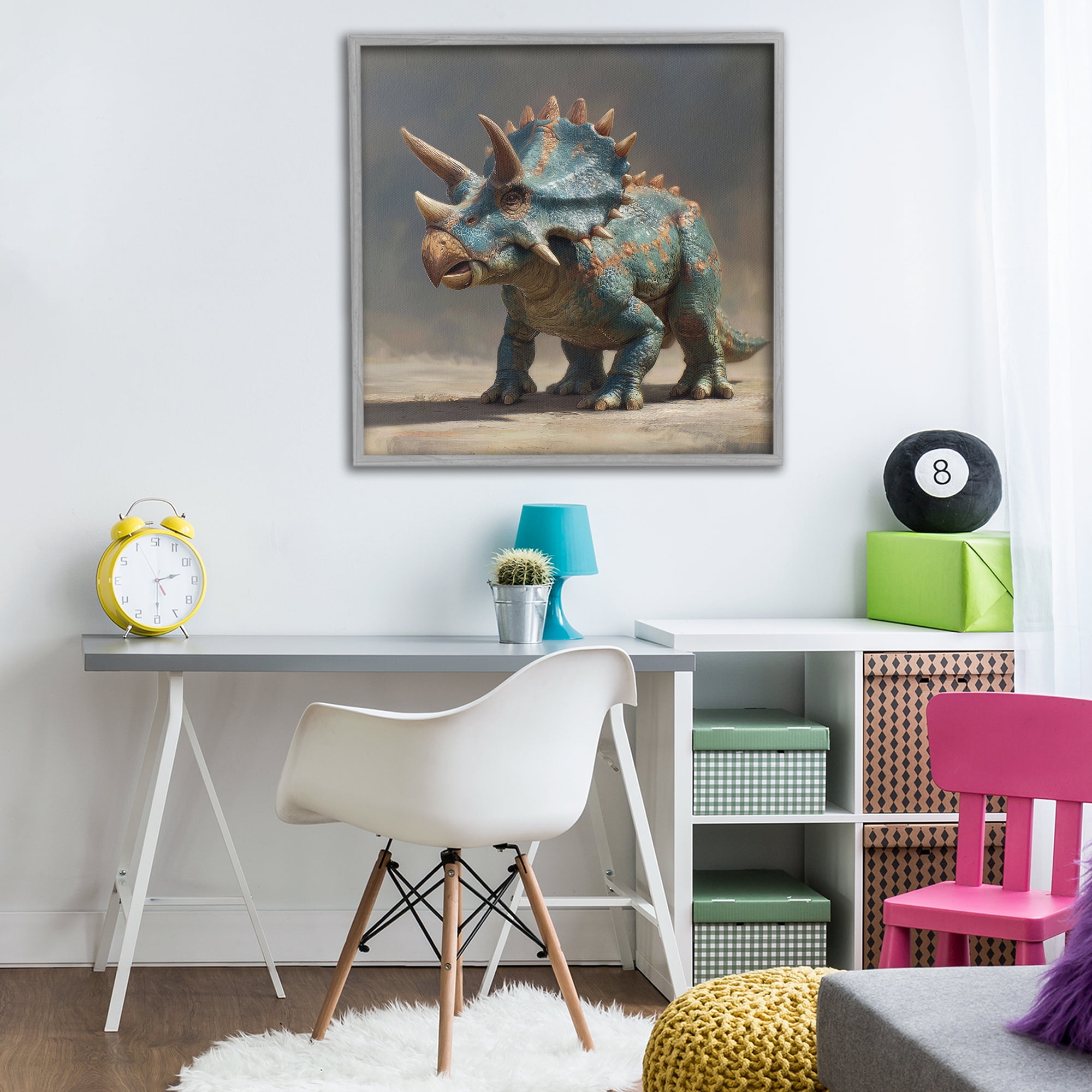 Stupell Industries Horned Triceratops at Sunrise Gray Framed Giclee Art, design by Wumples