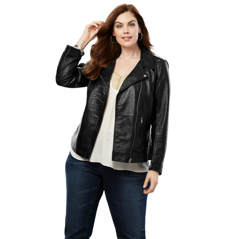Roaman's - Roaman's Women's Plus Size Leather Moto Jacket Motorcycle