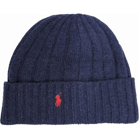 Polo Ralph Lauren Men`s Signature Merino Wool Blend Cuffed Beanie (OS, Blue/Red Pony)